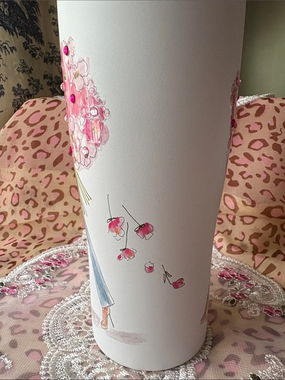 Pink Floral Bouquet Travel Tumbler with Straw